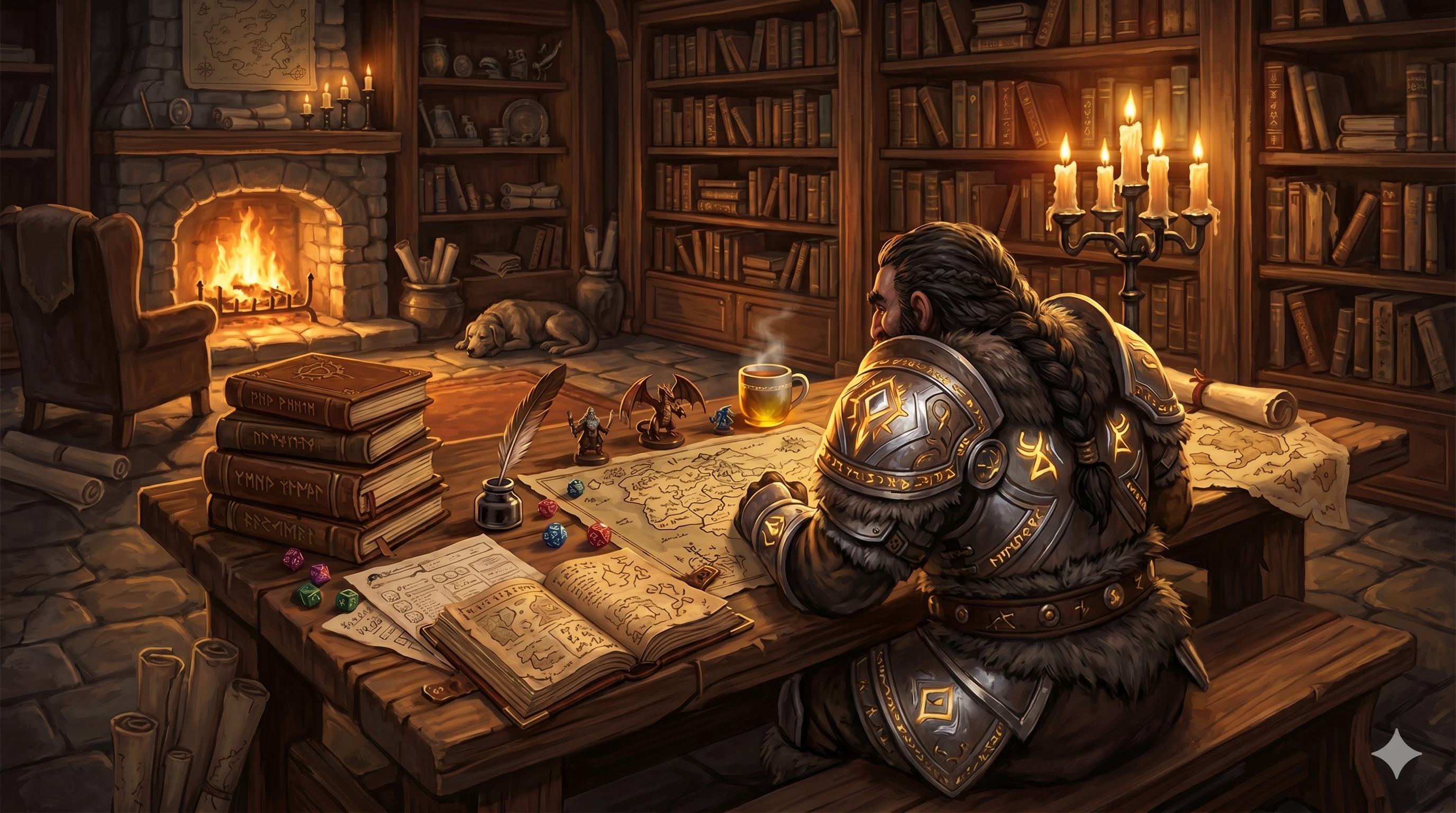 A candlelit study lined with bookshelves: a dwarf in runed armor pores over a hand-drawn map by a crackling fireplace, a hound asleep at his feet, tea steaming beside the inkwell.